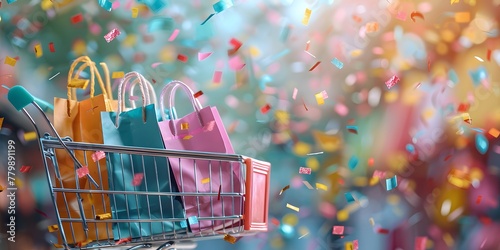 shopping cart with lots of shopping bags and confetti