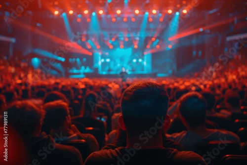 Back view of a person with an audience enjoying a live show with radiant stage lighting and engaging atmosphere.