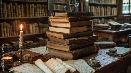 A stack of old books on a table in a study. The books are surrounded by inkwells, quills, and other writing implements. A candle is burning on the table, providing the only light.