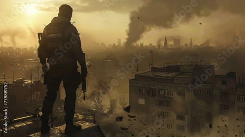 A soldier standing on a rooftop, looking out at the smoke-filled sky. He is holding a gun, and he is ready to defend his city. photo
