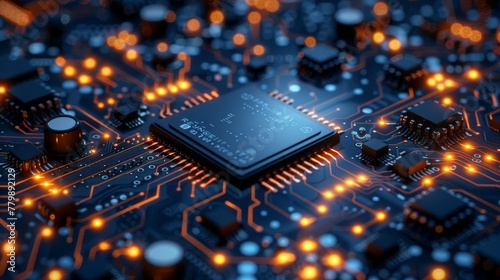 A circuit board on a dark blue background with a processor chip. Illustration of digital technology