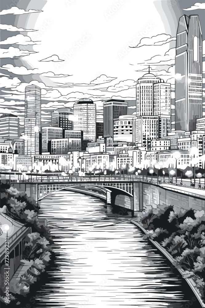 A midnight city skyline coloring page