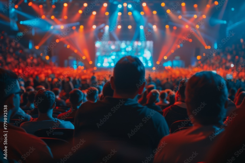 Back view of an engaged crowd enjoying a dynamic and colorful live concert, with bright stage lights and a captivating atmosphere. Back view of an engaged crowd enjoying a dynamic and colorful live concert, with bright stage lights and a captivating atmosphere.