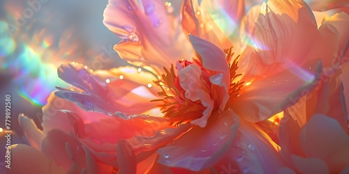 a peony flower with rainbow refracting petals