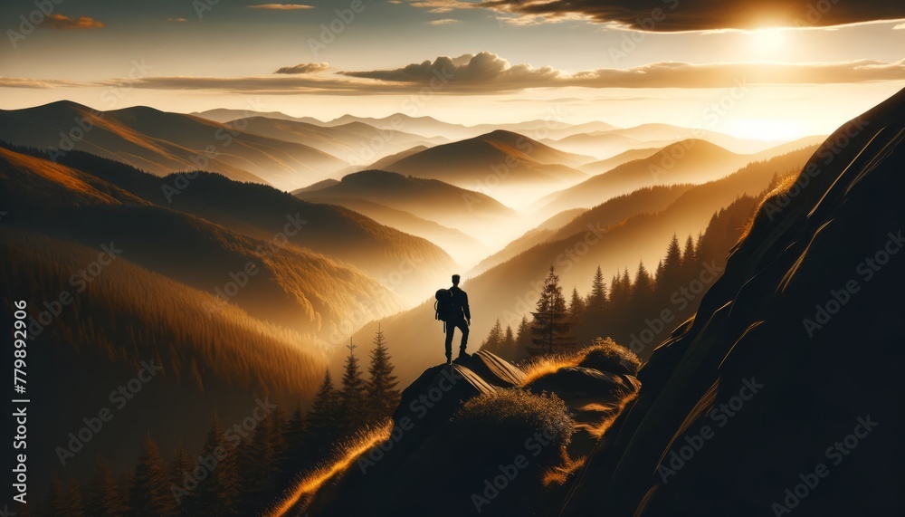 Traveler on a peak during golden hour, overlooking forest, perfect for text.