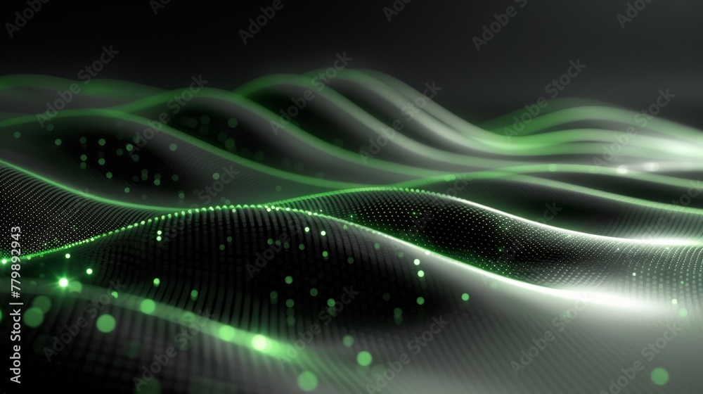 A dark steel mesh abstract background with green glowing lines and space for design. A modern technology innovation concept background....