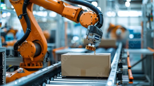 A robotic arm picking items from a bin and placing them on a conveyor belt. The arm is moving quickly and efficiently, and the items are being placed perfectly. The robot is working in a factory