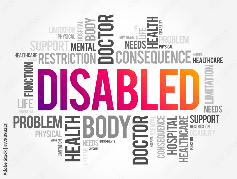 Disabled - having a physical or mental condition that limits their movements, senses, or activities, word cloud concept background - obrazy, fototapety, plakaty 