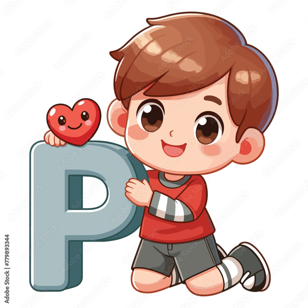 kids english learning concept. happy Little boy holding alphabet letter P vector kids english learning concept. happy Little boy holding alphabet letter P vector