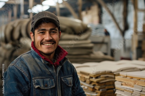 Portrait of a smiling male hispanic worker in large warehouse