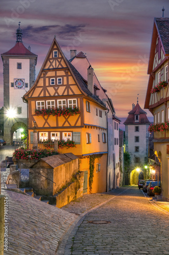 the famous Place in Rothenburg ob der Tauber called Ploenlein at Night Franconia Bavaria Germany
