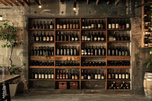 Wine collection on a wooden rack photo