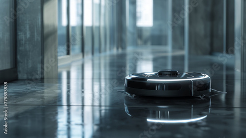 A modern and minimalist black and silver robotic vacuum cleaner with intelligent mapping and automatic cleaning modes
