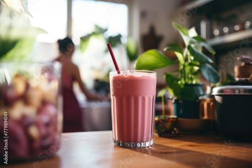 Healthy fruit smoothie in a glass on kitchen counter with woman in background