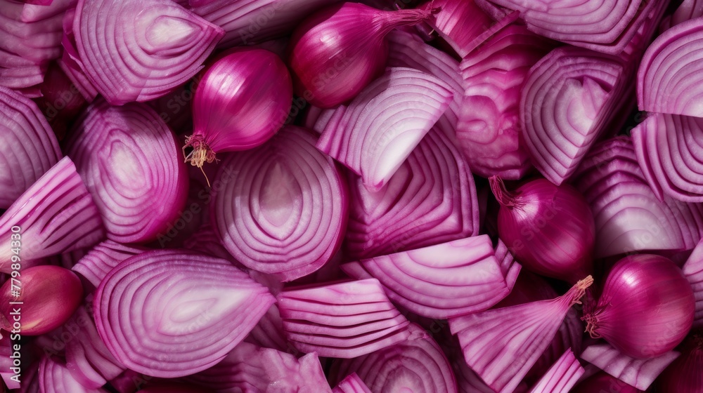 Background texture pattern of red onion slices. Close-up. Background texture pattern of red onion slices. Close-up.