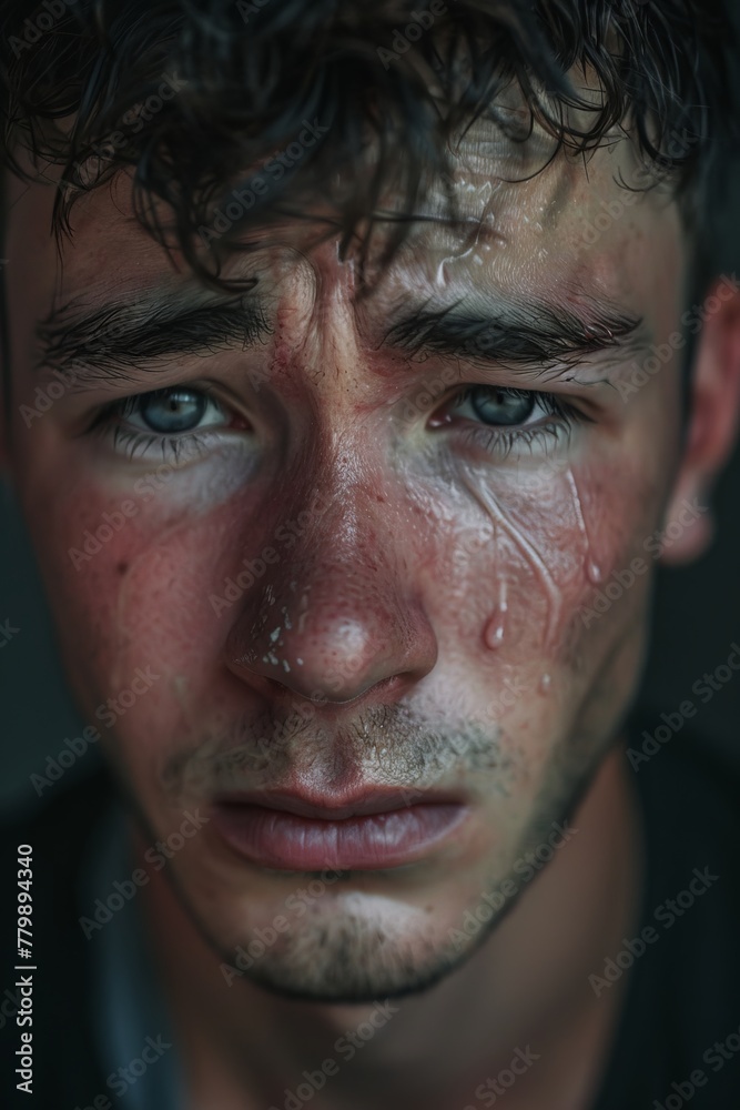 A portrait of a man with tears streaming down his face. His eyes are red and his nose is runny. He is sad and heartbroken.