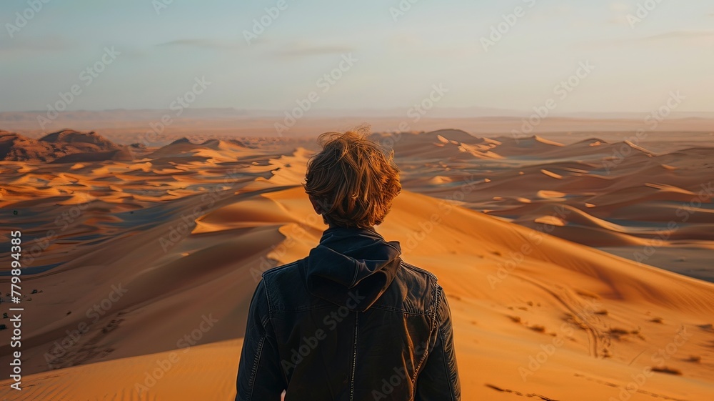 A person looks towards the horizon in the middle of the desert