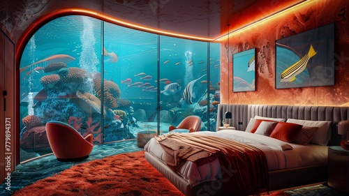 hotel room with window facing the bottom of the sea