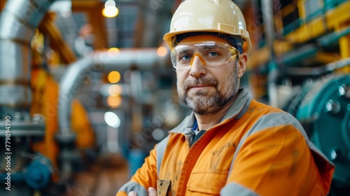 A man in hard hat and safety glasses standing next to pipes, AI