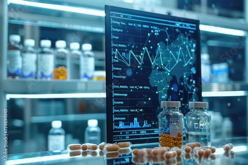 A digital screen displaying pharmaceutical data and analytics, illustrating the use of technology in drug development.