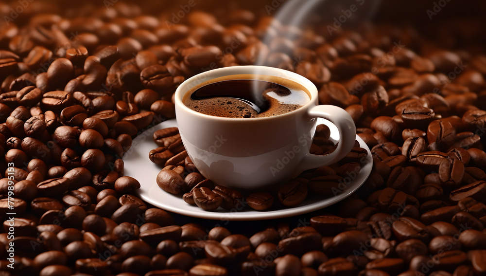 Fototapeta premium Coffee beans background with cup of coffee