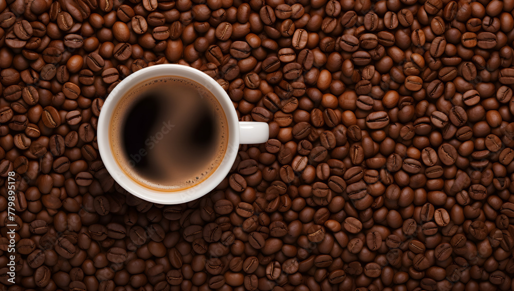 Coffee beans background with cup of coffee top view Coffee beans background with cup of coffee top view