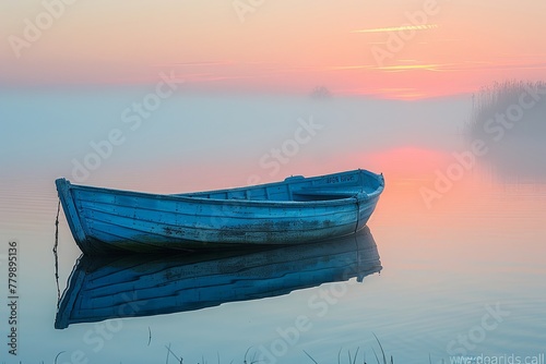 A serene highdefinition capture of a lone boat on a misty lake at dawn the silence and beauty highlighted in vivid detail