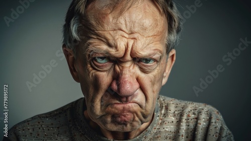 A portrait of a man with a disgusted expression. His nose is wrinkled and his mouth is turned down.