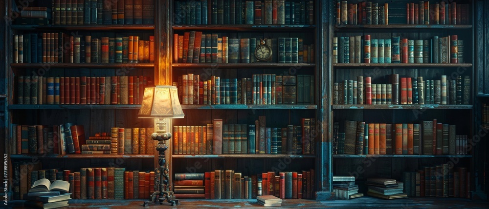 A serene moment of solitude in a library the texture of the books and the vivid colors of the bindings highlighted by the dramatic side light of a reading lamp - obrazy, fototapety, plakaty 