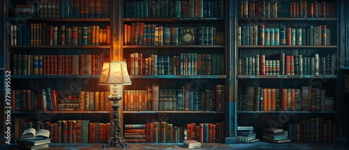 A serene moment of solitude in a library the texture of the books and the vivid colors of the bindings highlighted by the dramatic side light of a reading lamp