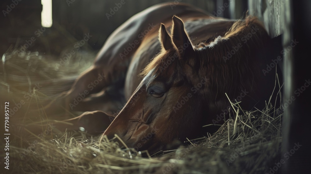 Fototapeta premium Resting brown horse lying on a bed of straw in a dimly lit stable