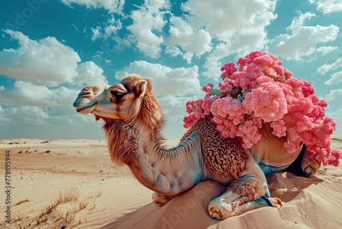 A camel stands in the desert with pink flowers adorning its back photo