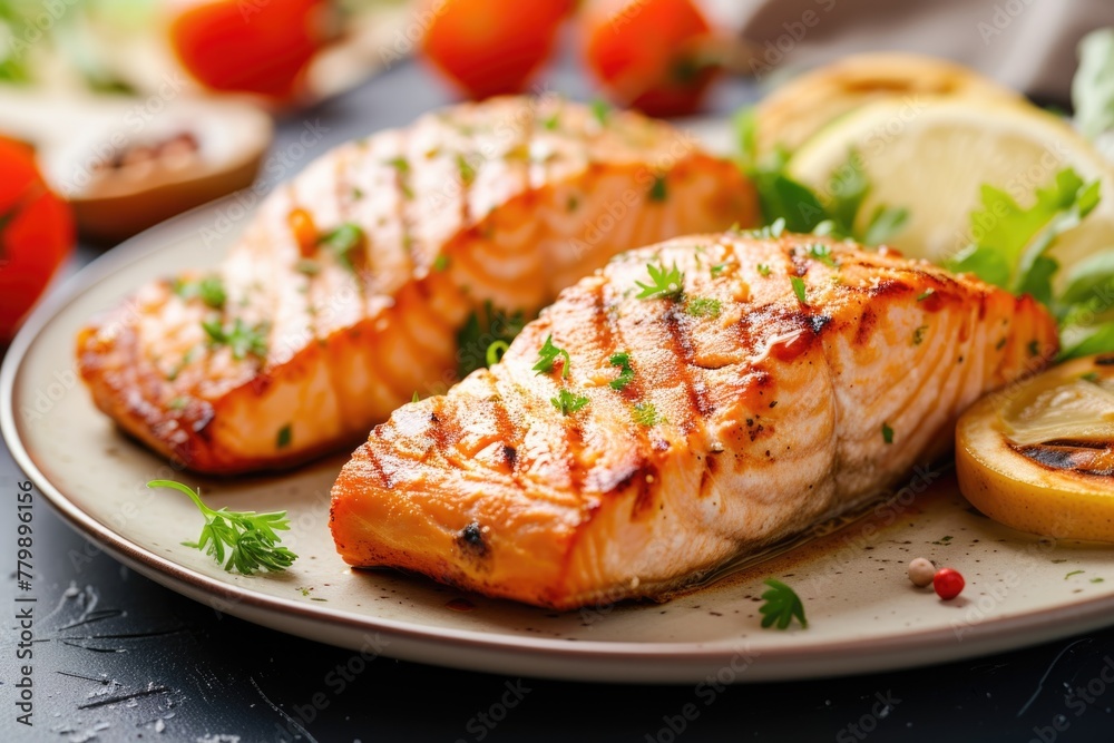 Grilled salmon fillet with garnish on a decorated plate