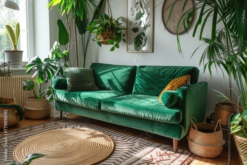 Cozy living room with green velvet sofa and indoor plants