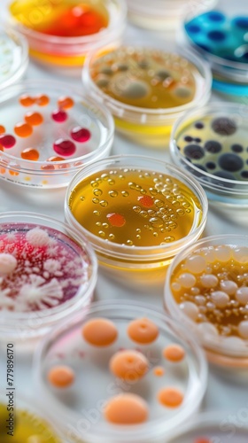 Close-up of colorful bacterial colonies growing on agar plates in a laboratory setting.