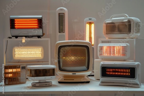 A collection of electric space heaters, each emitting warm air, displayed on a white surface. photo