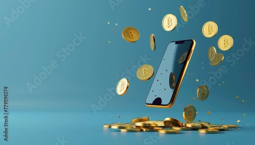 A mobile phone with gold coins flying out of it, on a blue background, in the vector illustration style, in a flat design, with 3D rendering, at a high resolution, with professional color grading, wit
