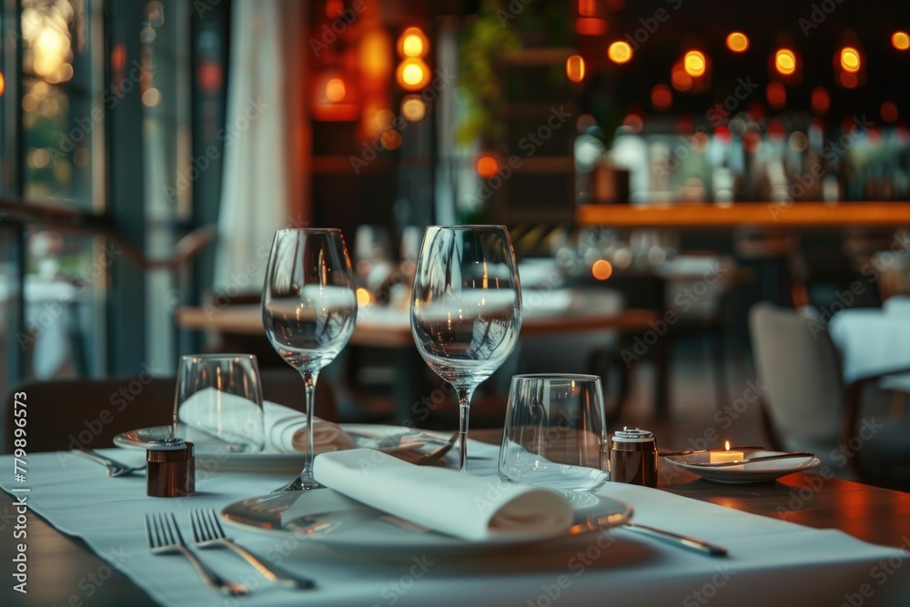 Elegant fine dining table setup in a high-end restaurant Elegant fine dining table setup in a high-end restaurant