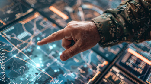 Close up of a soldiers hand pointing to a specific location on a digital map with strategic targets highlighted on surrounding screens