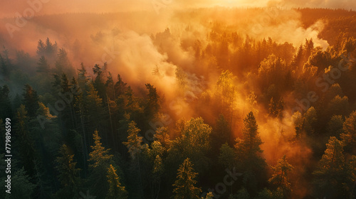Aerial view of a forest on the verge of a wildfire a vivid representation of heatwave dangers shot at golden hour