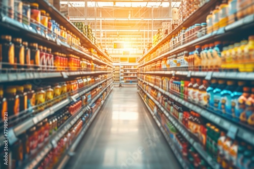 Supermarket grocery store aisle with assorted food products on shelves