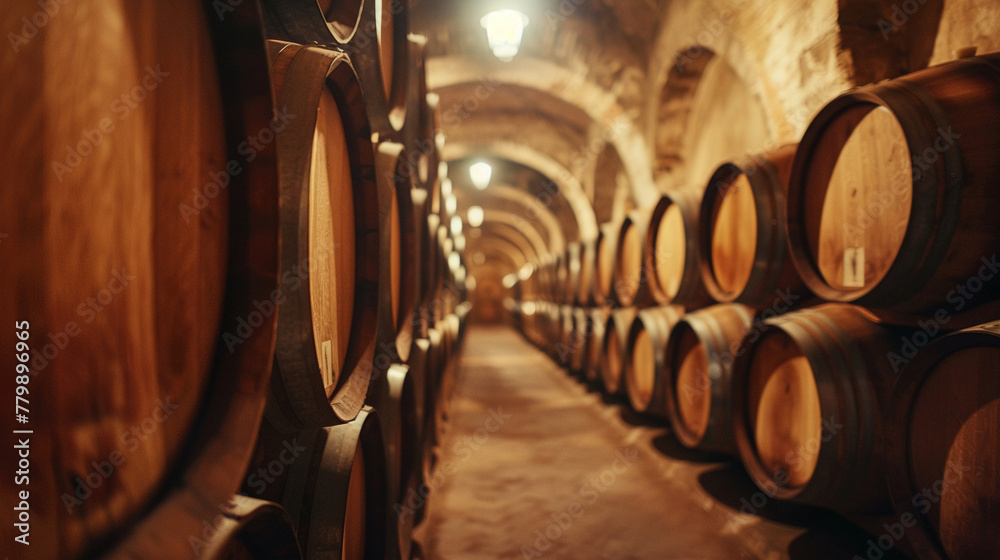 Rows of aged wooden barrels in the dim light of a historic Spanish winery cellar evoking a sense of tradition and timelessness