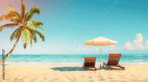 Chairs And Parasol With Palm Trees In The Tropical Beach