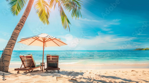 Chairs And Parasol With Palm Trees In The Tropical Beach © BHZshop