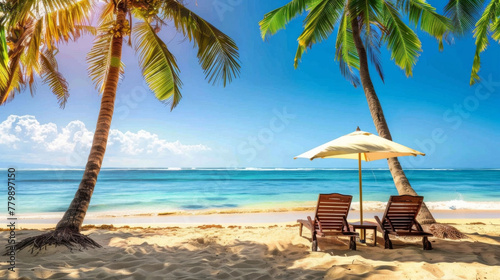 Chairs And Parasol With Palm Trees In The Tropical Beach