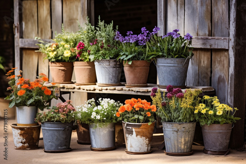 An arrangement of vintage-inspired metal buckets repurposed as plant pots, evoking a rustic vibe.