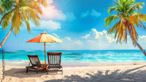 Chairs And Parasol With Palm Trees In The Tropical Beach