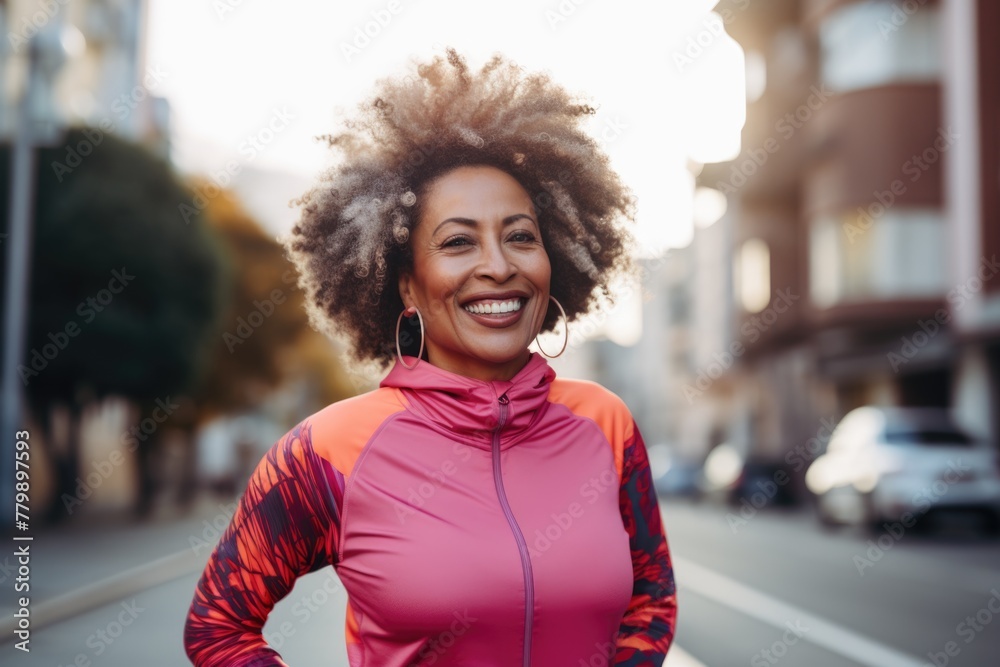 Fototapeta premium Portrait of a middle aged body positive woman in sportswear outside