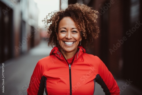 Portrait of a middle aged body positive woman in sportswear outside