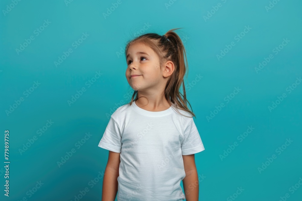 Portrait of a young girl in a white t-shirt against a turquoise background Portrait of a young girl in a white t-shirt against a turquoise background